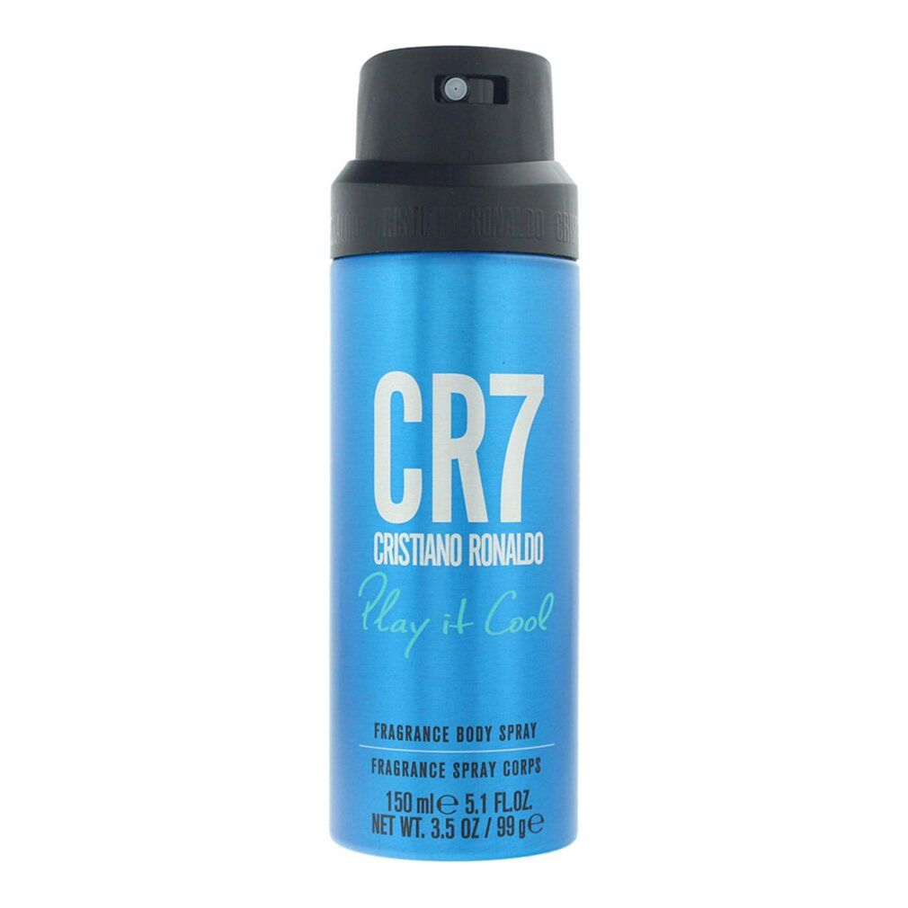 Cristiano Ronaldo Play It Cool Body Spray, 150ml. Blaue Dose mit silberner Schrift.