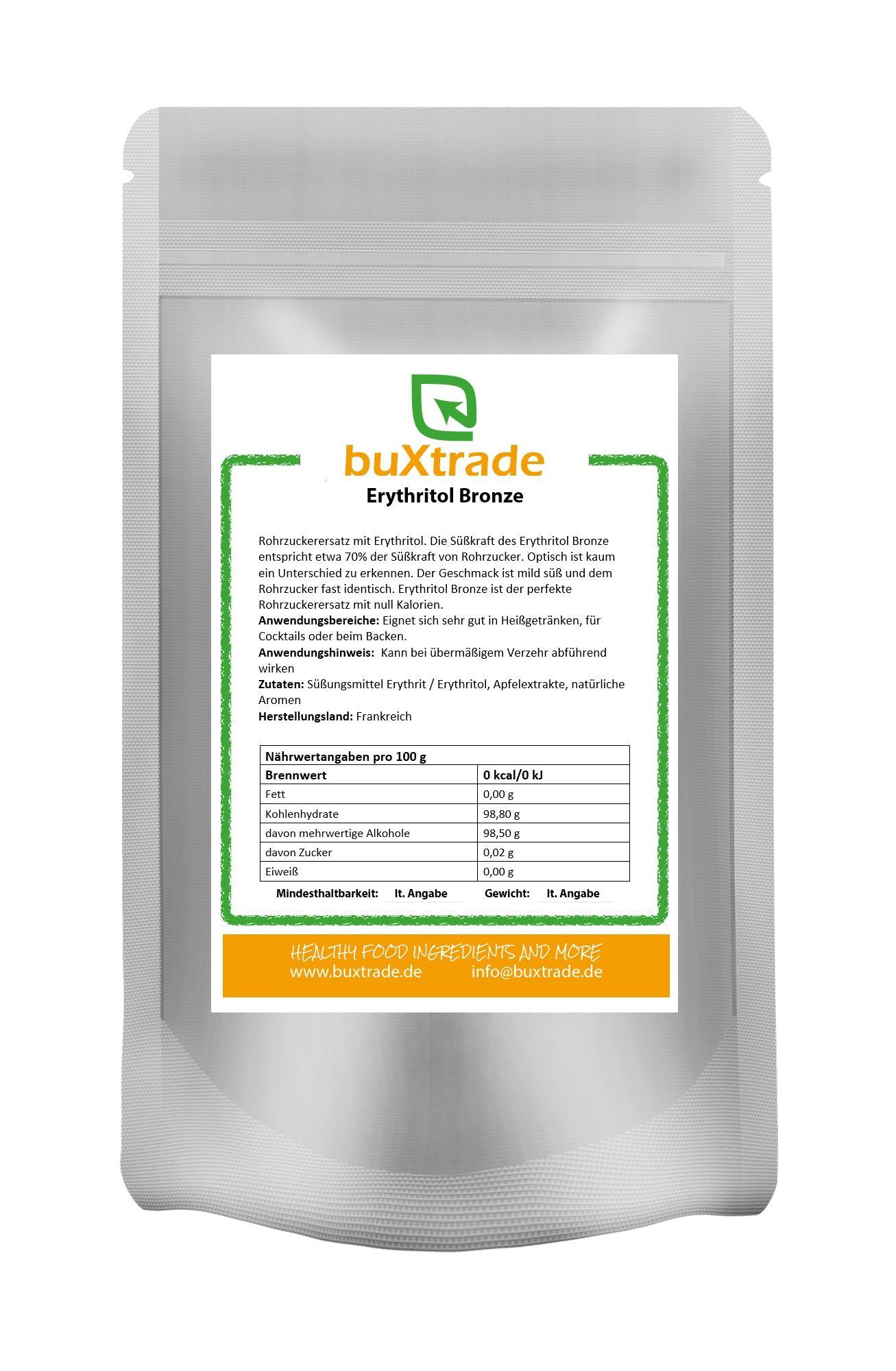 Beutel mit Produktinformationen. Text: buXtrade Erythritol Bronze. Grün umrandetes Etikett.