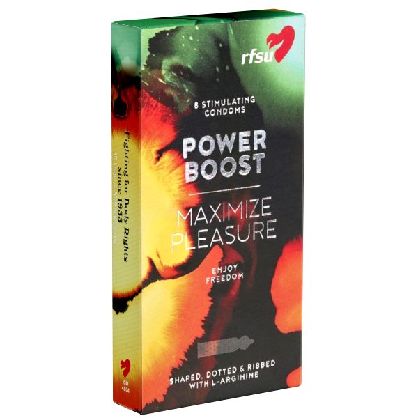 Verpackung von RFSU Power Boost Kondomen. Enthält 8 Kondome. Aufschrift: Power Boost, Maximize Pleasure, mit L-Arginin.