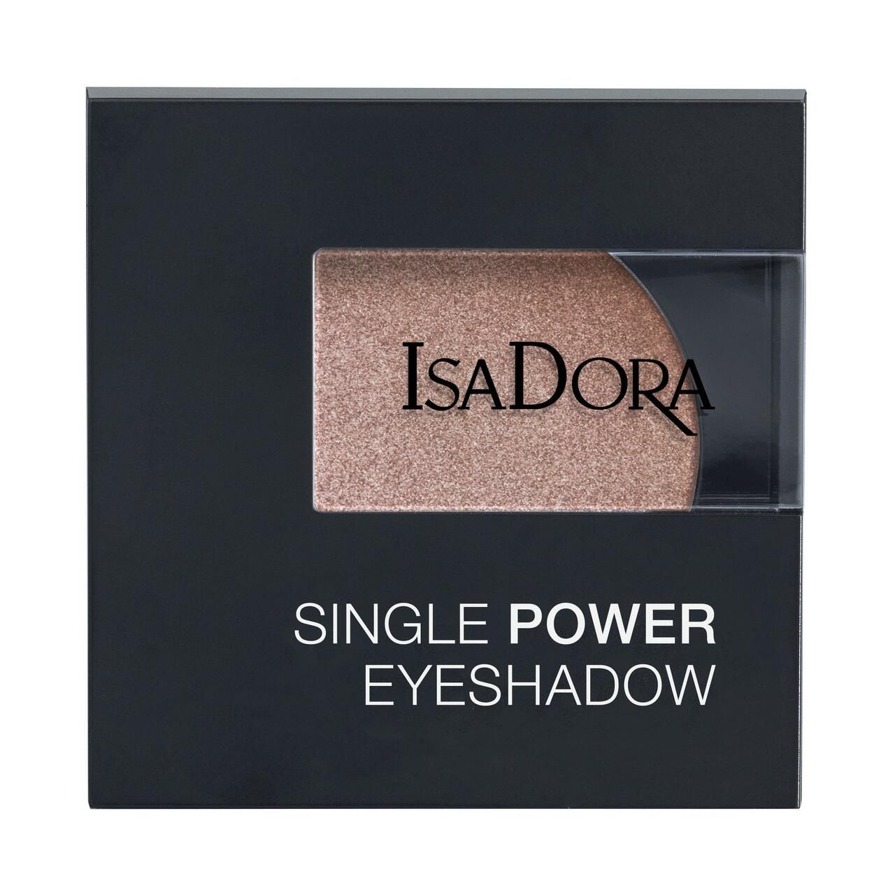 Schwarze Verpackung mit IsaDora Single Power Eyeshadow. Der Lidschatten ist rechteckig und hat einen hellbraunen Farbton. Der Markenname ist sichtbar.