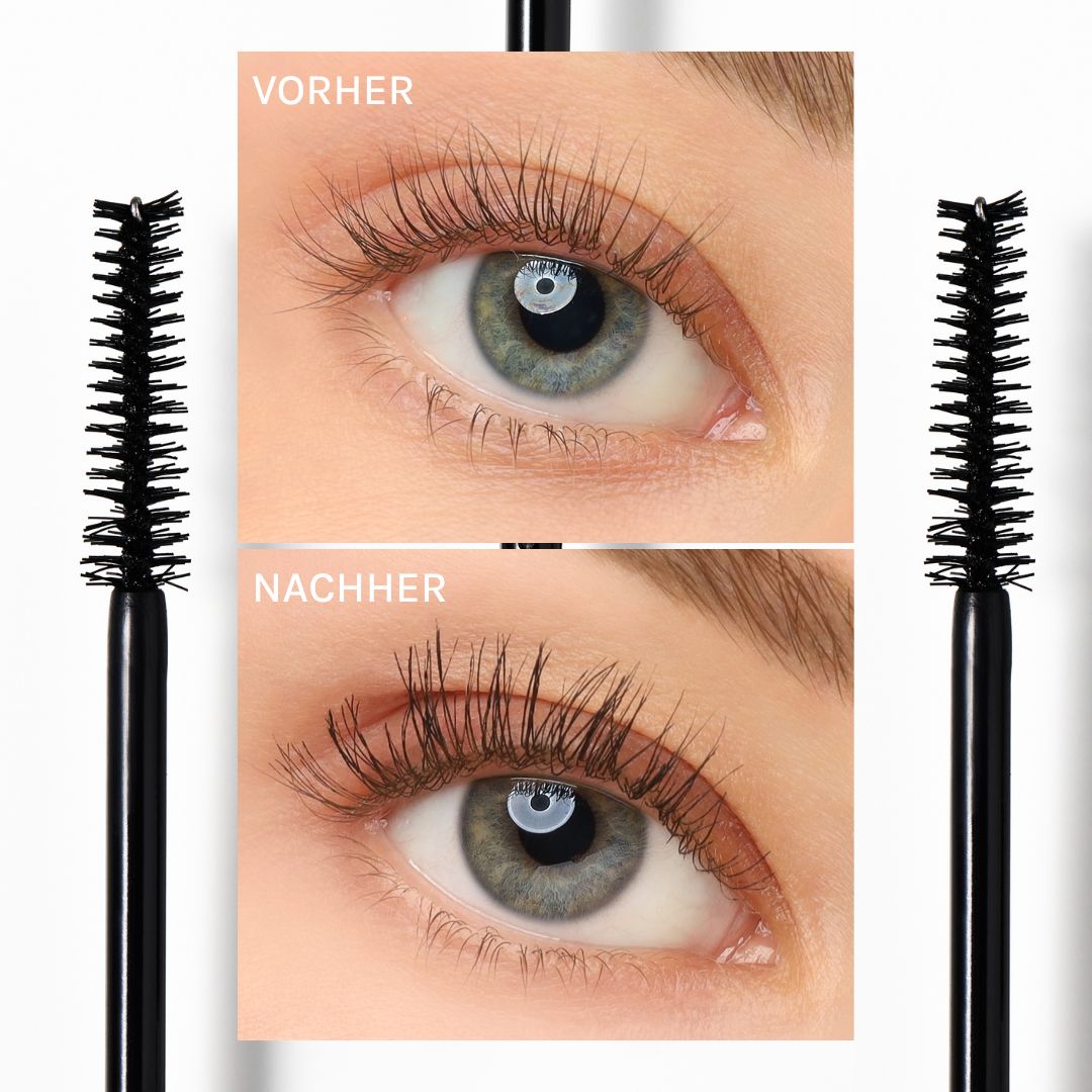 Vorher-Nachher-Vergleich: Auge mit und ohne Cosline Mascara, die die Wimpern betont.