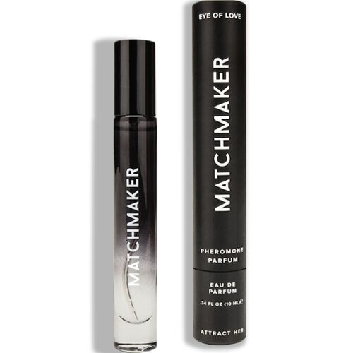 Flacone nero con scritta "Matchmaker". Confezione cilindrica con testo "Eye of Love" e "Matchmaker".