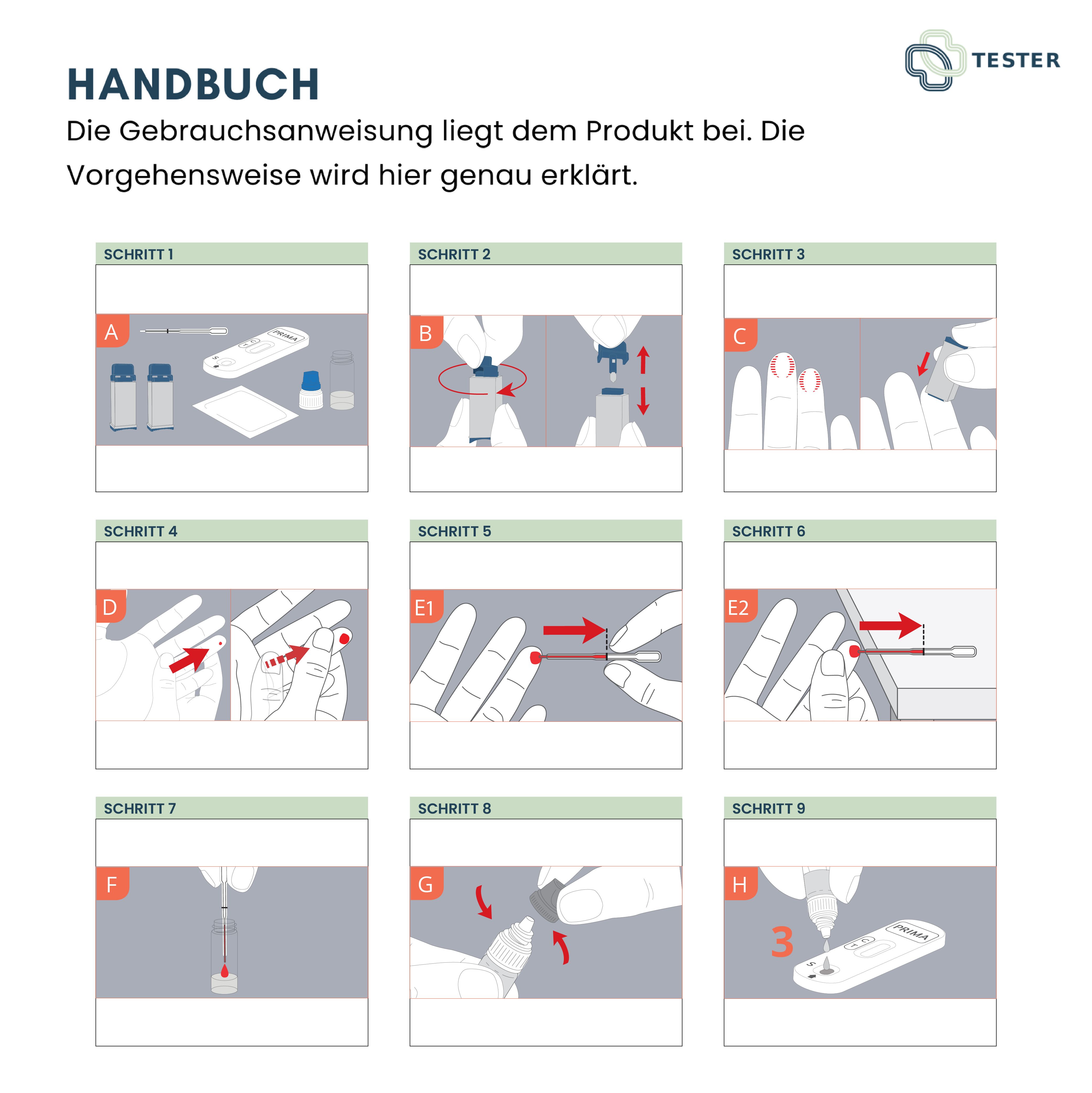 Illustrierte Anleitung zur Durchführung eines HIV-Selbsttests. Zeigt Schritte mit Bildern und Beschreibungen. Enthält Produktkomponenten.