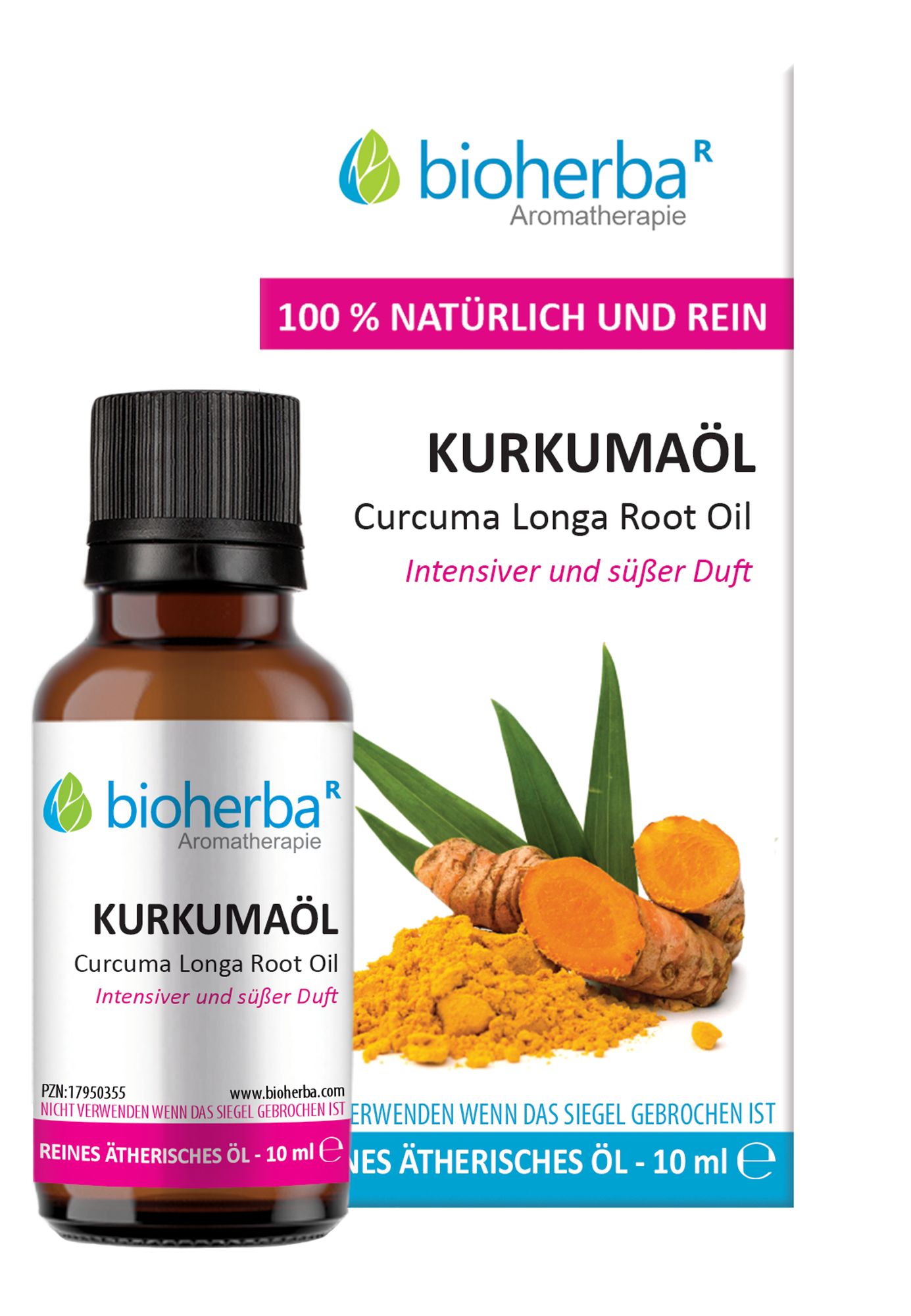 Braune Glasflasche mit schwarzem Deckel. Aufschrift: Kurkumaöl. Daneben Verpackung mit Produktabbildung und Text.