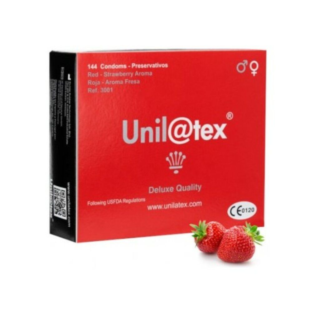 Rote Unil@tex-Verpackung, 144 Kondome, Erdbeeraroma. Erdbeeren daneben. CE-Kennzeichnung.