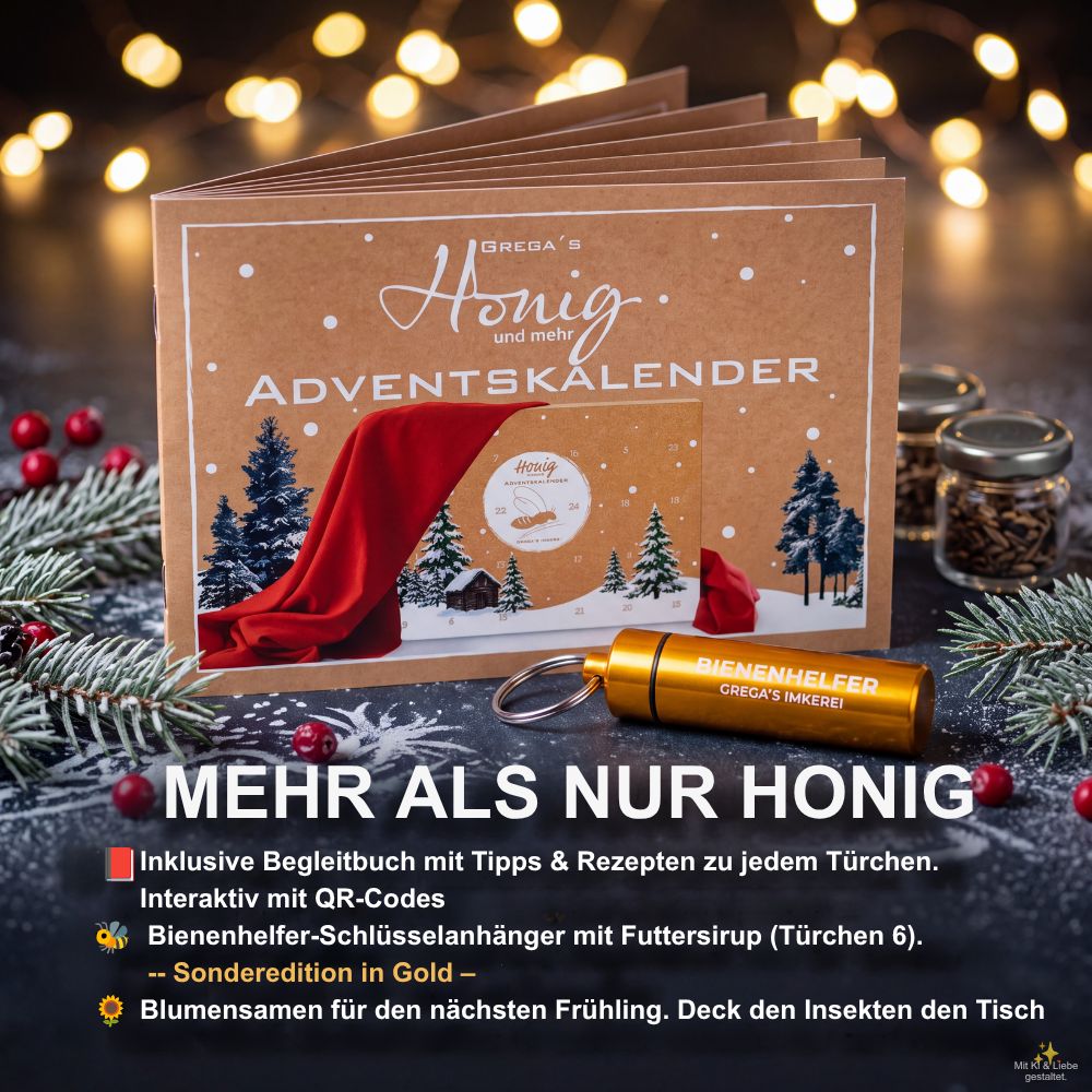Geöffneter Adventskalender mit Honig und mehr. Enthält Begleitbuch, Bienenhelfer-Schlüsselanhänger und Blumensamen.