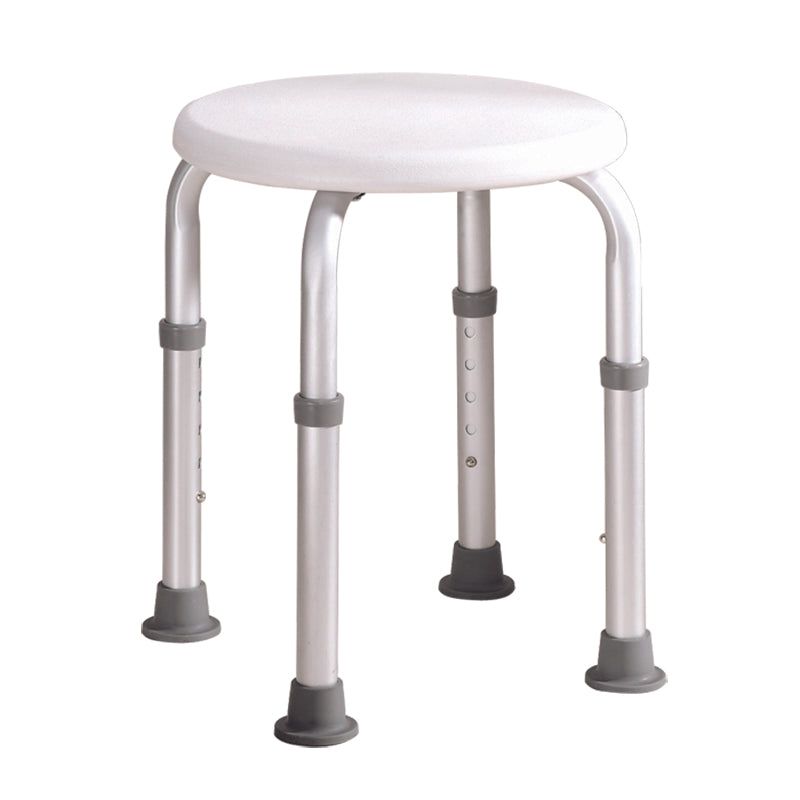 Sgabello da doccia rotondo a quattro gambe. Sedile bianco, struttura argentata, gambe regolabili.