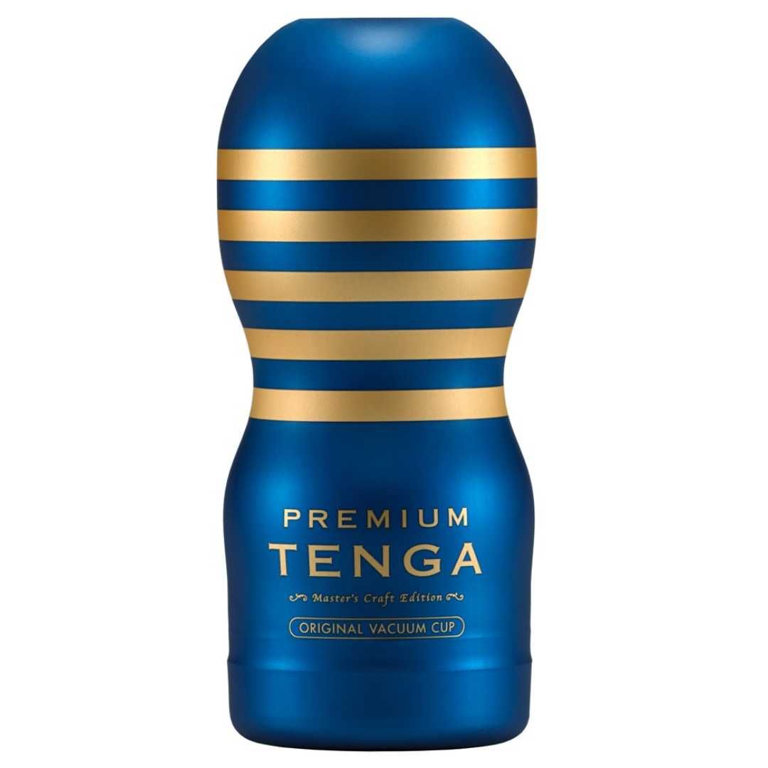 Blau-goldener Vakuumbecher. Goldene horizontale Streifen. Schriftzug: TENGA Premium Original Vacuum Cup.