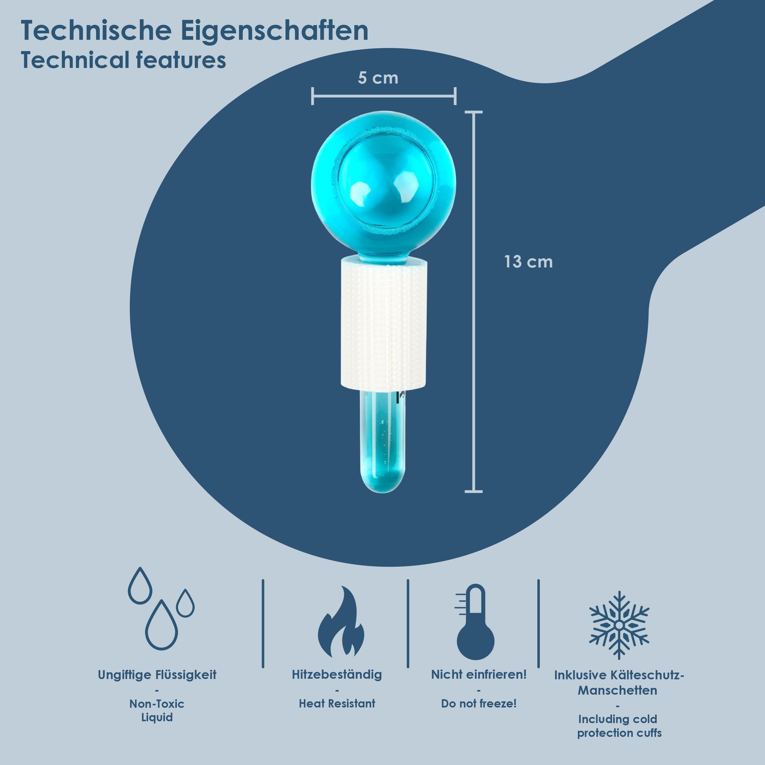 Blaue Gesichtsmassagekugel mit weißen Griff. Maße: 5 cm Durchmesser, 13 cm Länge. Text: "Nicht einfrieren", "Hitzebeständig".