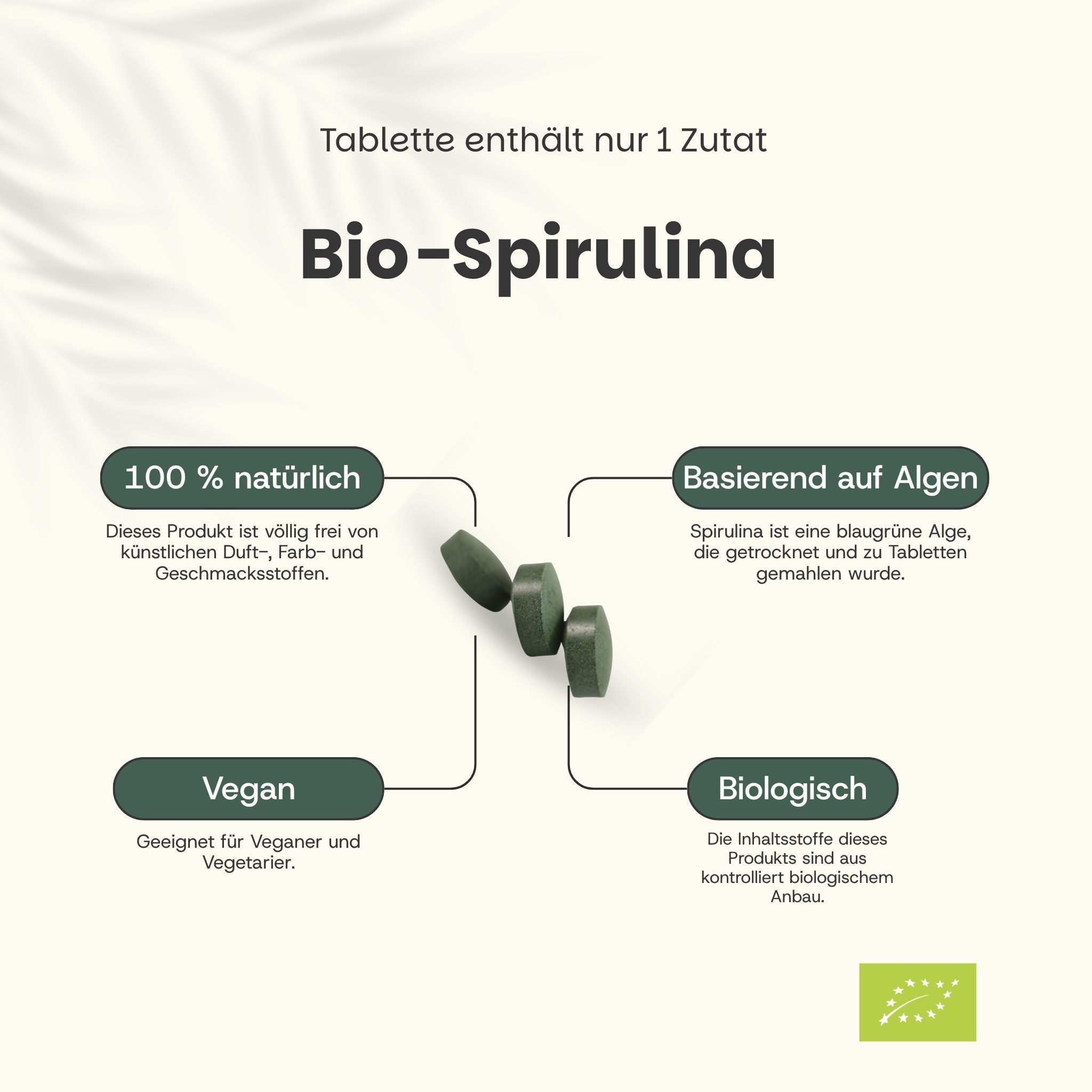 Text: Bio-Spirulina. 100% natürlich. Vegan. Biologisch. Drei grüne Tabletten. Bio-Siegel.