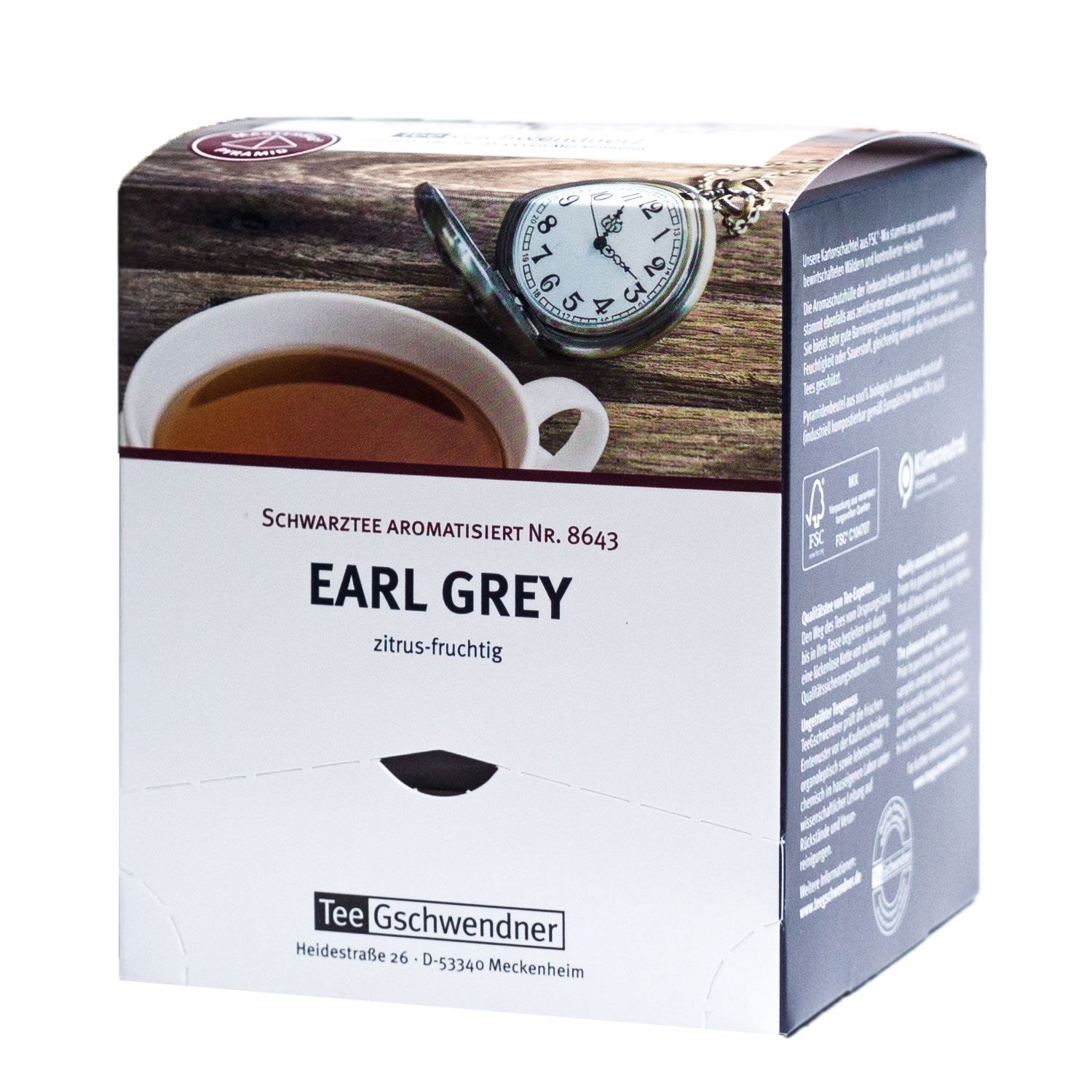 Karton Tee Gschwendner Earl Grey. Aufdruck: Earl Grey, zitrus-fruchtig. Abbildung: Tasse Tee, Taschenuhr.
