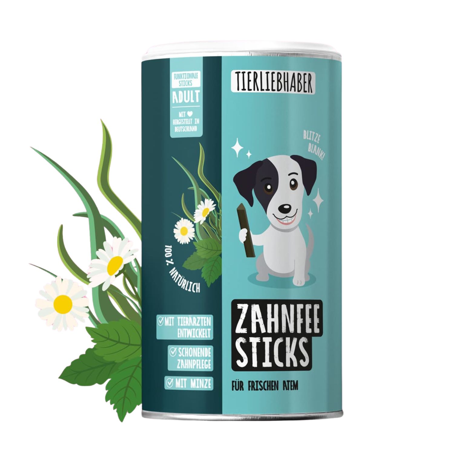 Zahnfee Sticks-Dose mit Produktname, Hund-Illustration, Kamille und Minze. Text: Für frischen Atem.