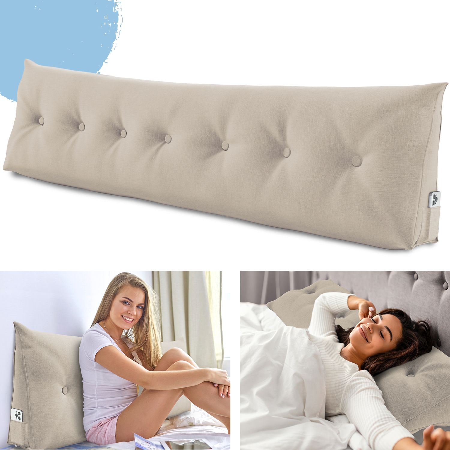 Beiges Stützkissen mit Knöpfen. Frauen sitzen und liegen mit Kissen. Kissen mit Logo.