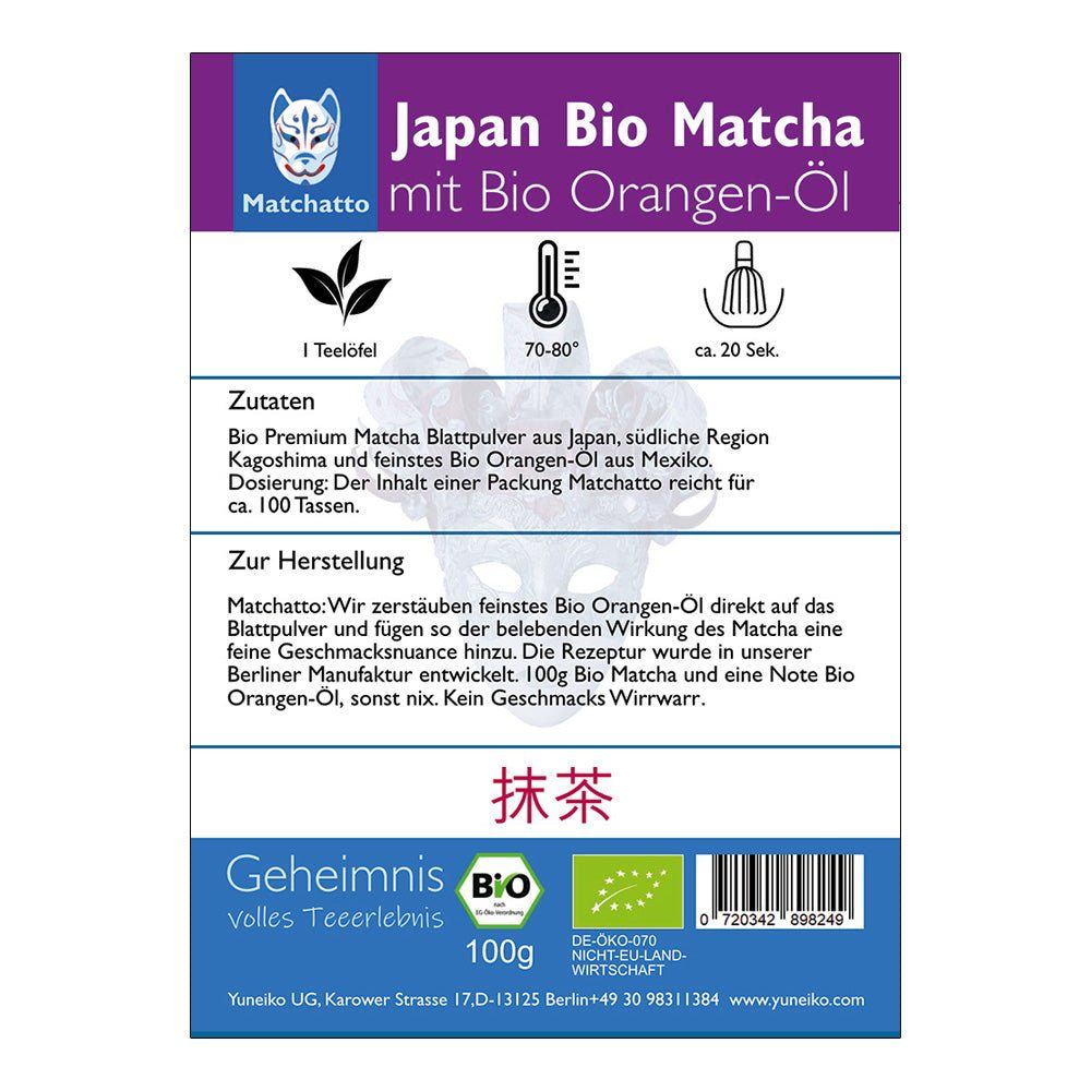 Rückseite der Matchatto Matcha Tee Orange Bio-Verpackung mit Zutatenliste und Bio-Siegel.