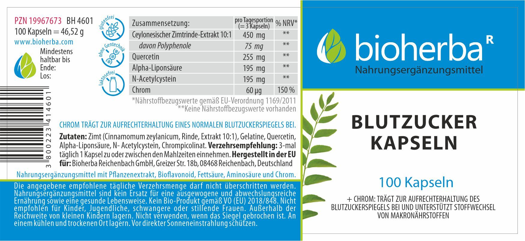 Etikett mit Inhaltsstoffen und Informationen. Aufschrift: Bioherba, Blutzucker Kapseln, 100 Kapseln. Text in deutscher Sprache.