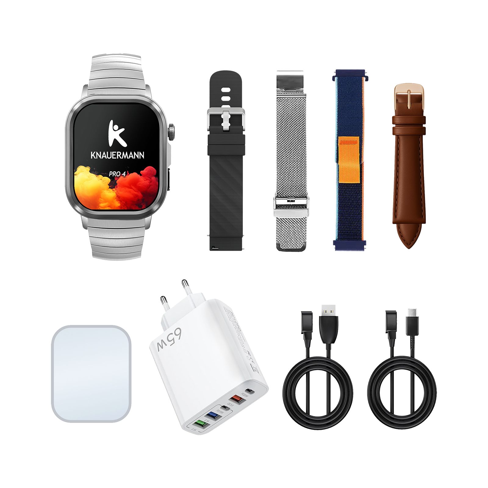 Smartwatch Knauermann PRO 4 mit Zubehör: Armbänder, Ladegerät, Kabel. Display mit Logo und Farbdarstellung.