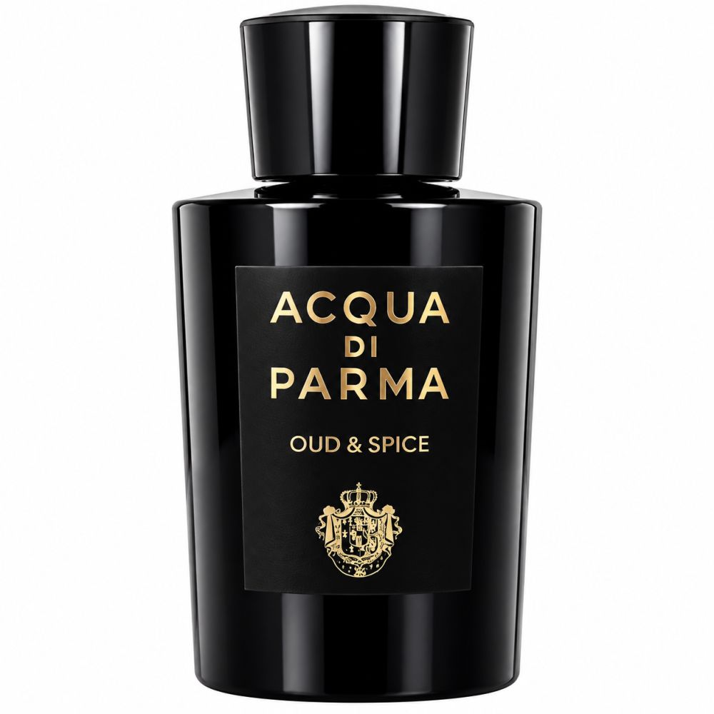 Acqua di Parma Oud & Spice Eau de Parfum Flakon, schwarze Glasflasche.