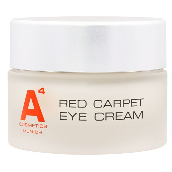 Cremebehälter mit silbernem Deckel. Aufschrift: A4 Cosmetics, Red Carpet Eye Cream.