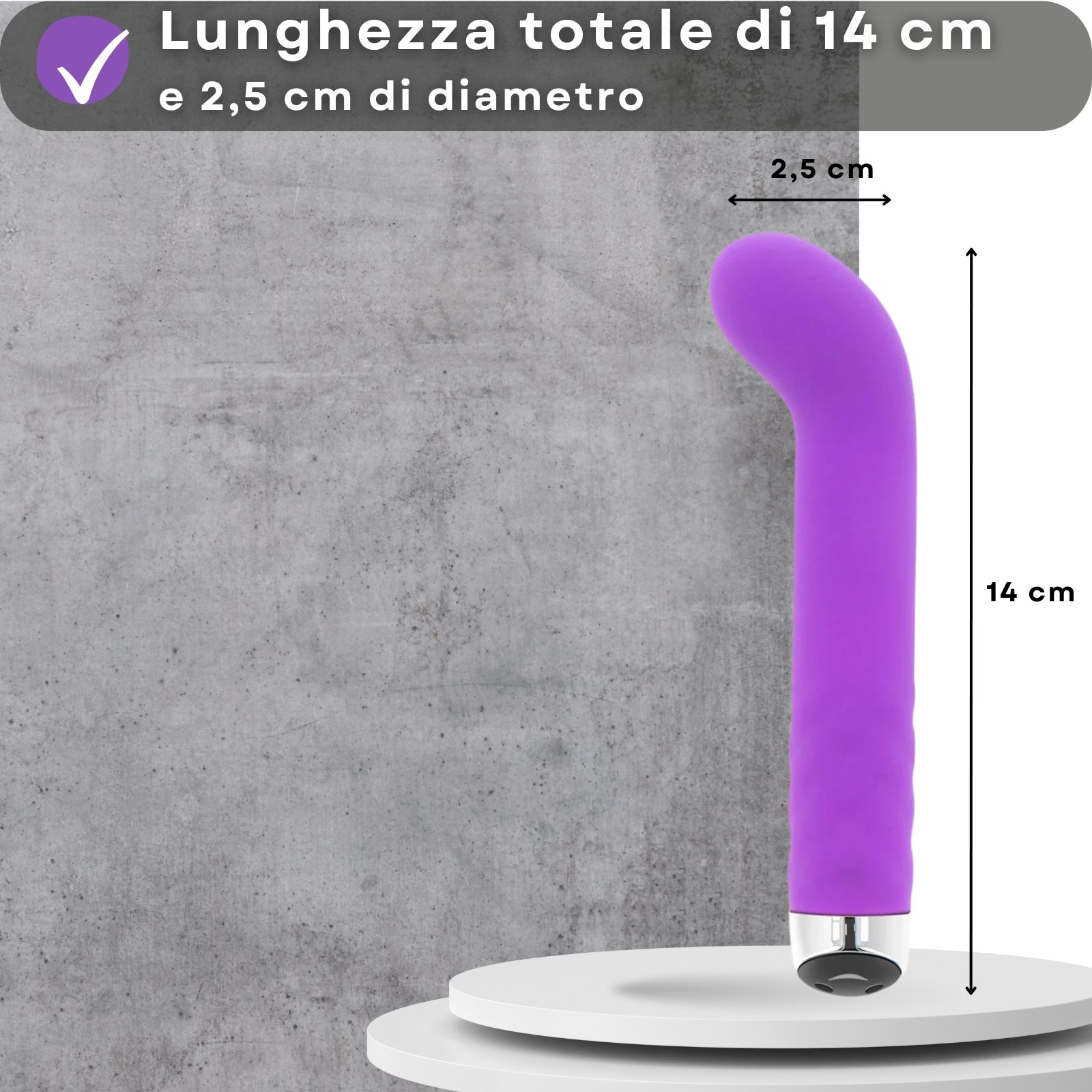 Vibratore viola. Testo: 14cm lungo, 2,5cm diametro. Su piedistallo. Dimensioni indicate.