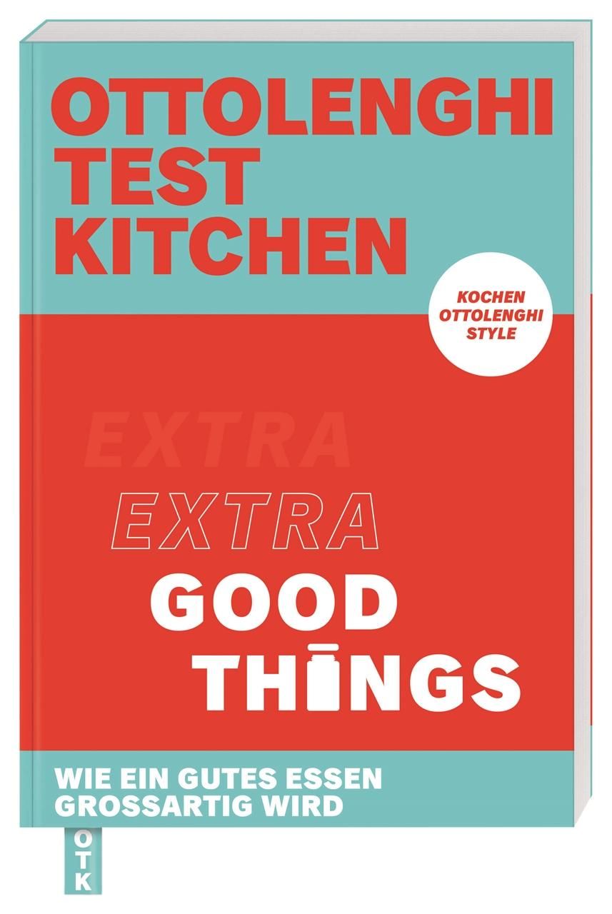 Buchcover: Ottolenghi Test Kitchen - Extra Good Things. Roter Titel auf blauem Hintergrund. Kochbuch mit weißem Text.