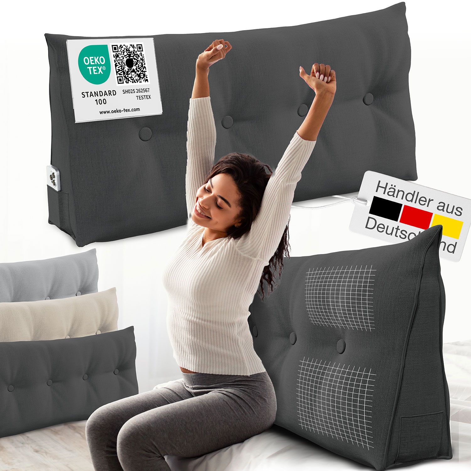 Graues Keilkissen mit Knöpfen. Frau dehnt sich. Text: OEKO-TEX, Händler aus Deutschland.