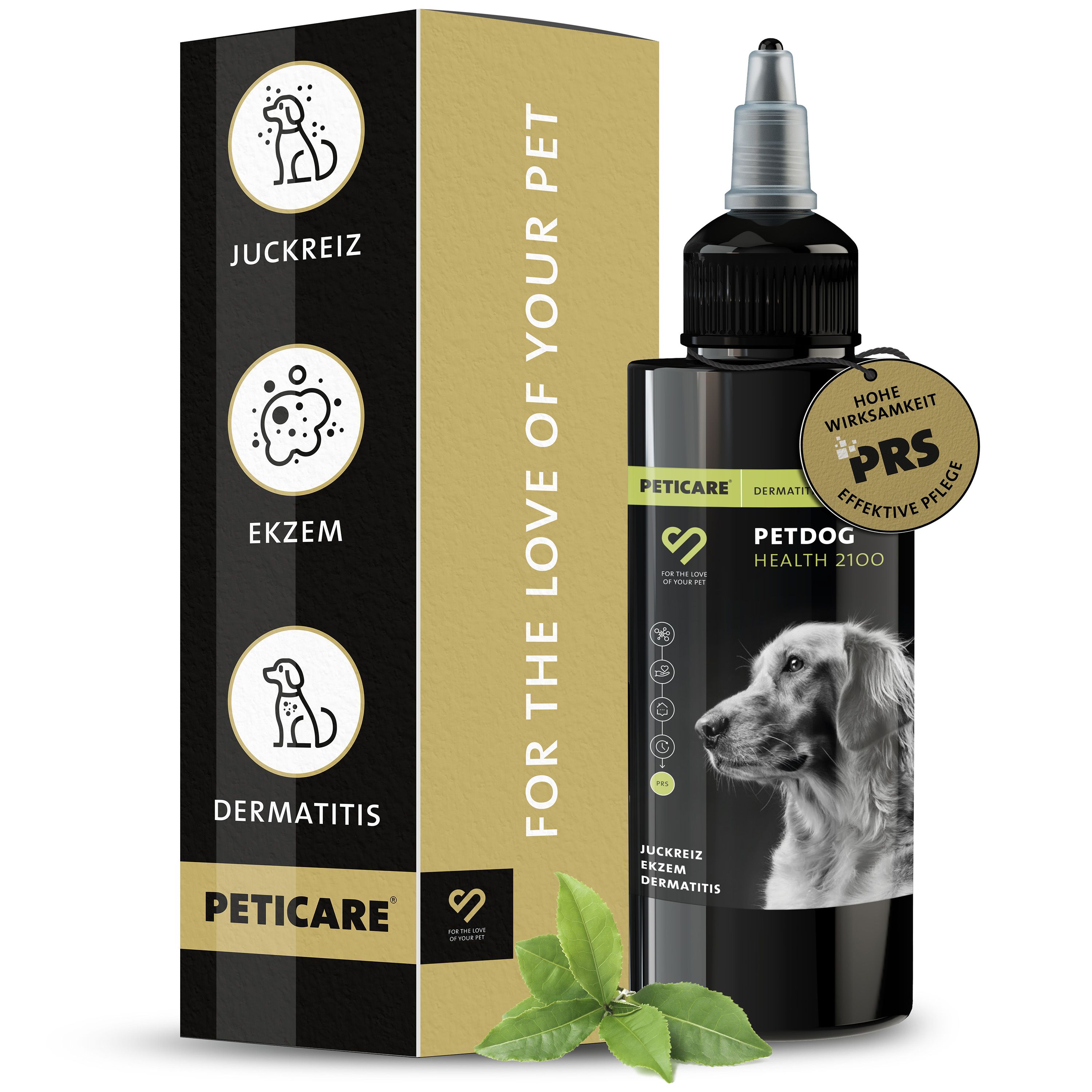 Schwarze Flasche mit Tropfapplikator und Karton. Aufschrift: Juckreiz, Ekzem, Dermatitis. PRS-Siegel.