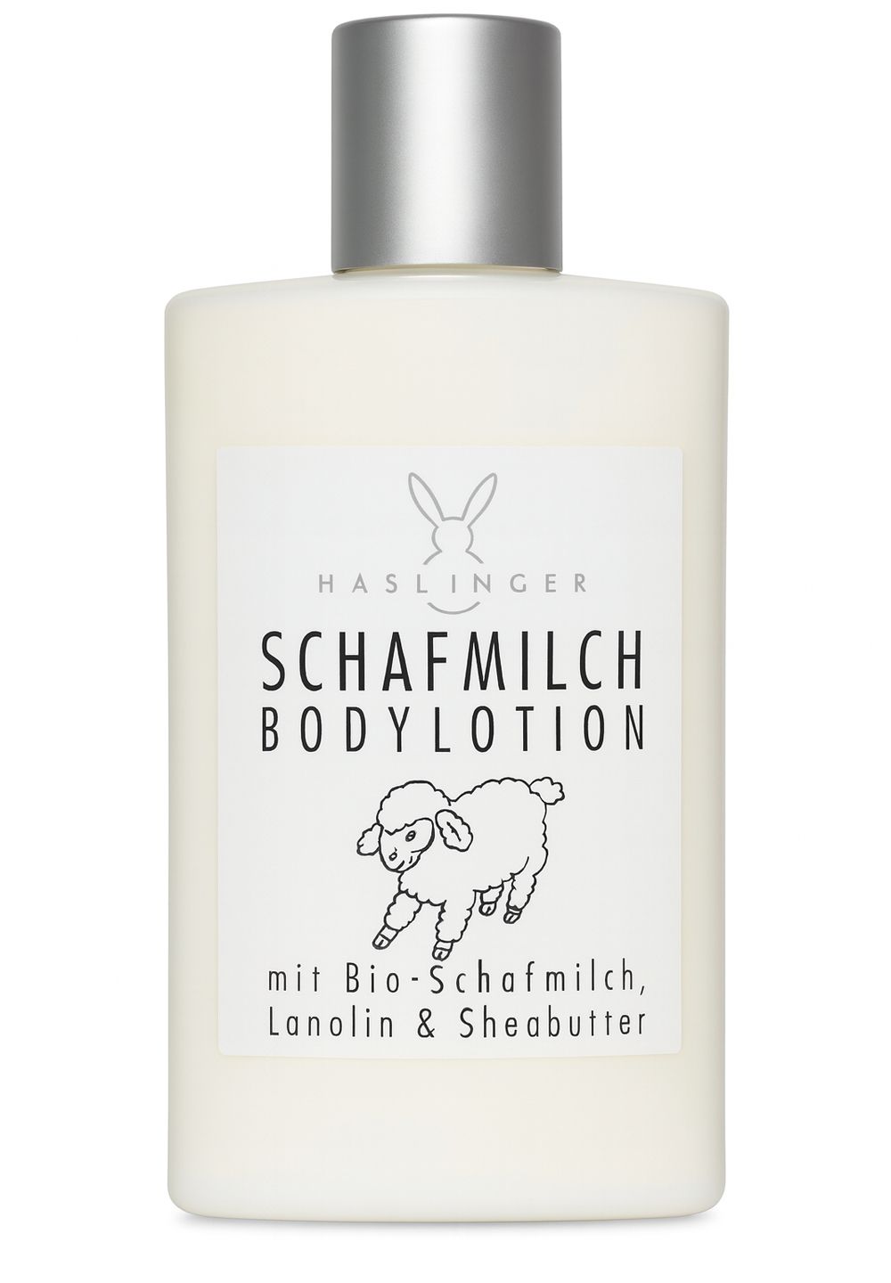 Körperlotion-Flasche. Weißes Etikett mit Logo, Text: Schafmilch Bodylotion. Silberner Deckel. Enthält Bio-Schafmilch, Lanolin & Sheabutter.