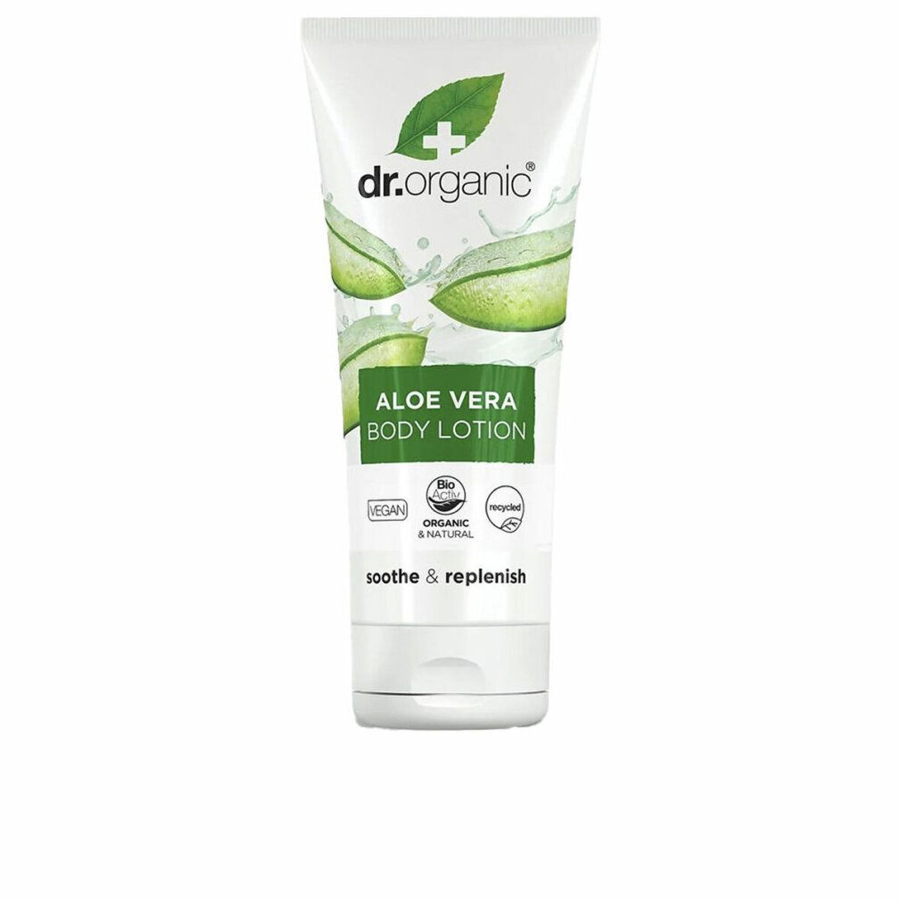 Weisse Tube mit grüner Aufschrift. Aloe Vera Body Lotion. Logos: Vegan, Organic & Natural. Soothe & Replenish.