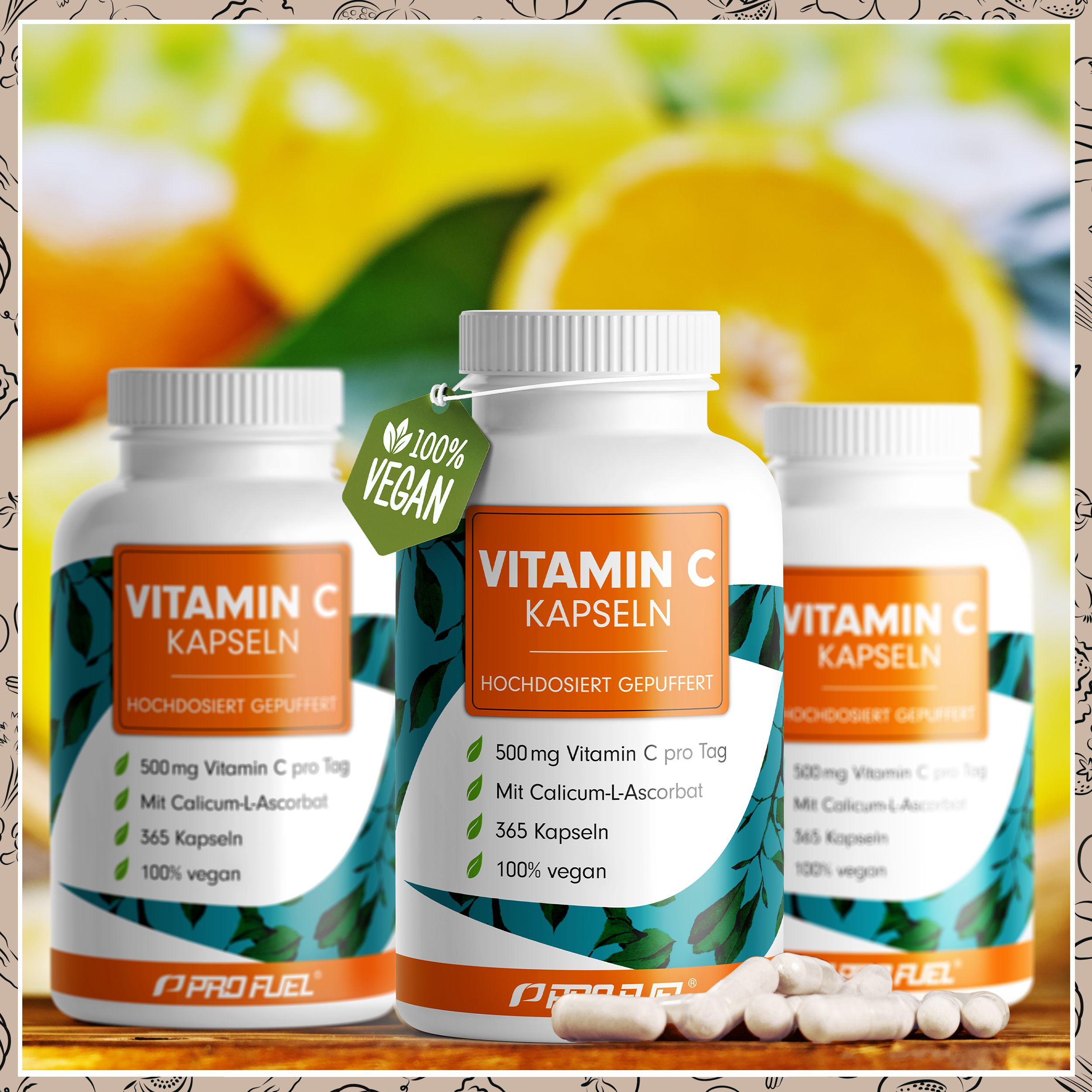 ProFuel - Vitamin C Kapseln 365x | 500 mg gepuffertes Vit. C als Calcium-Ascorbat | Jahresvorrat