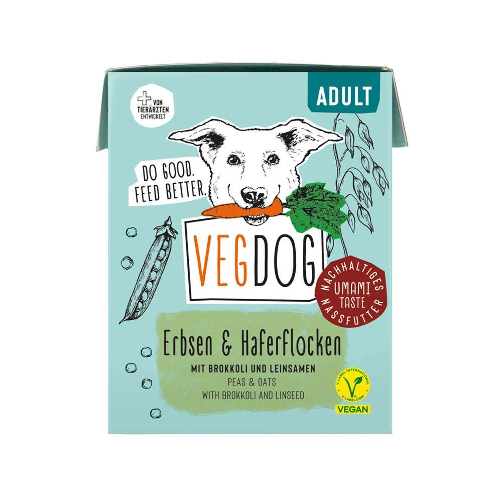 Vegdog Nassfutter für erwachsene Hunde, Erbsen & Haferflocken, mit Brokkoli und Leinsamen. Veganes Siegel.