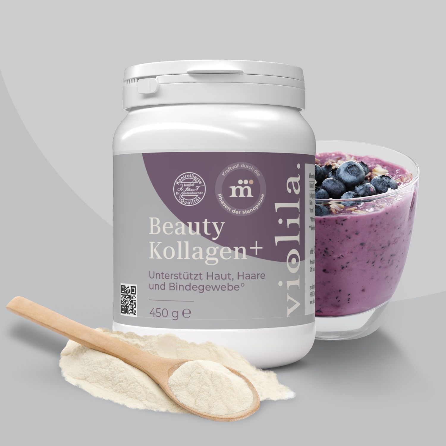 Weiße Dose, lila Etikett, Aufschrift: Beauty Kollagen+, 450g. Löffel mit Pulver, Smoothie im Glas.