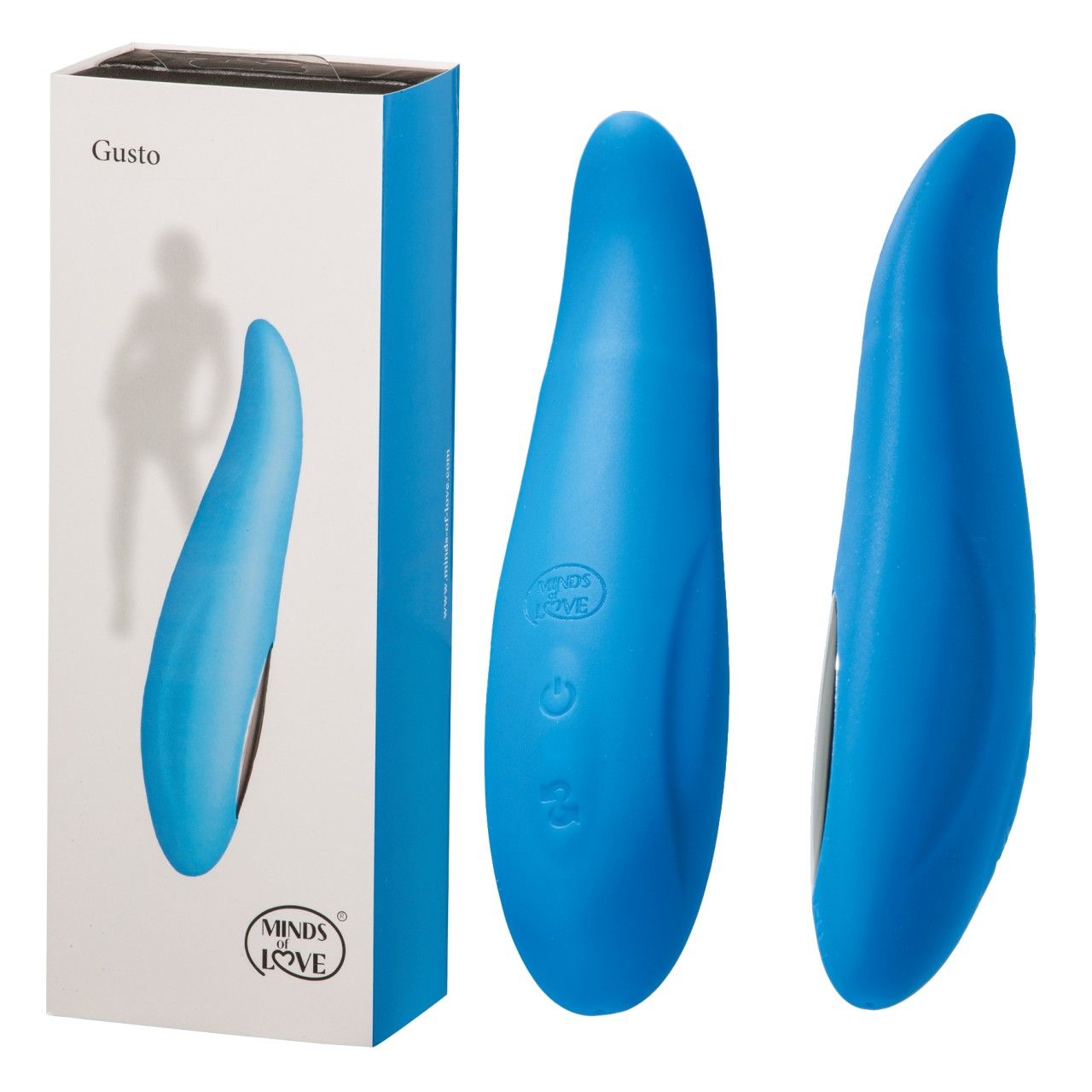 Blauer Vibrator mit abgerundeter Form. Links Produktverpackung mit Produktabbildung und Schriftzug „Gusto“. Marke: MINDS of LOVE.