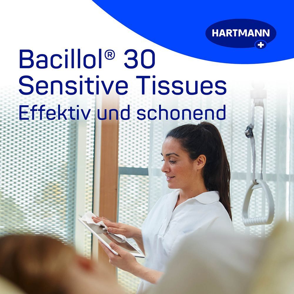 HARTMANN Bacillol® 30 Sensitive Tissues. Pflegekraft reinigt Oberfläche mit Tuch. Logo HARTMANN.