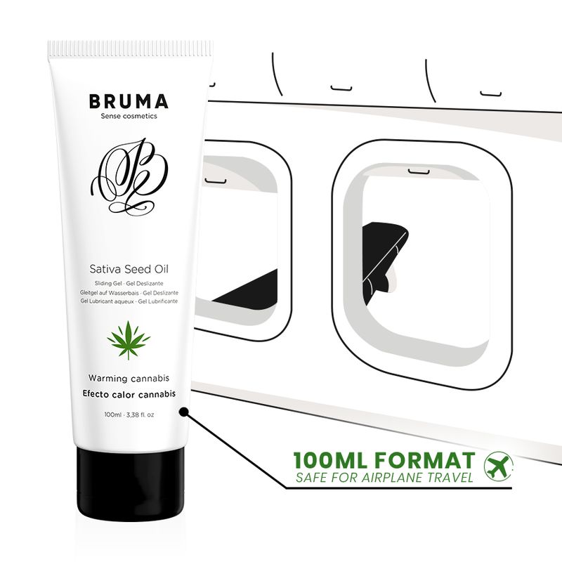 Weiße Tube mit Bruma Sativa Seed Oil Aufschrift, Hanfblatt-Symbol und "Warming cannabis" Hinweis. 100ml.