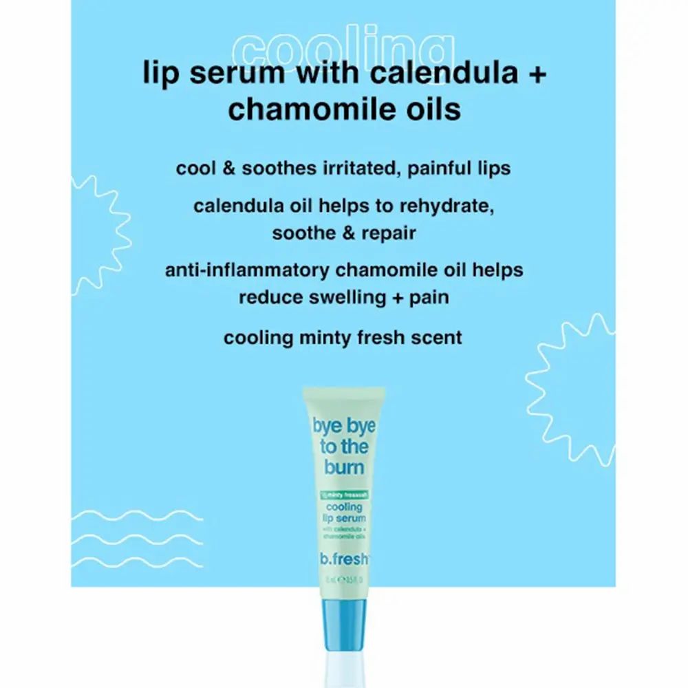 Blauer Hintergrund mit Text über Lippen-Serum. Enthält Inhaltsstoffe wie Calendula und Kamillenöl. Marke: b.fresh.