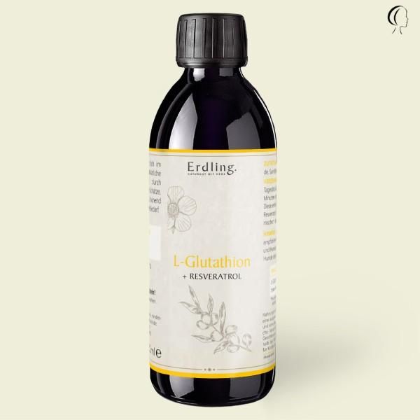 Braune Flasche mit schwarzem Deckel. Aufschrift: Erdling, L-Glutathion + Resveratrol. Etikett mit floralen Elementen.