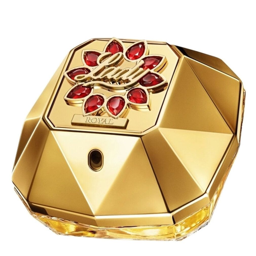 Goldener Flakon mit roter Verzierung. Diamantförmig. Aufschrift Lady Royal.