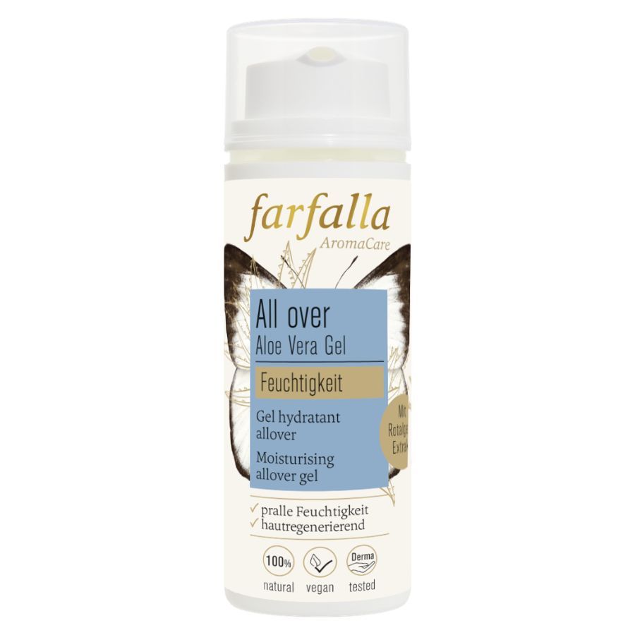 Weißer Spender mit Produktname und Aloe Vera Gel. Aufschrift: Feuchtigkeit, 100% natural, vegan, tested.