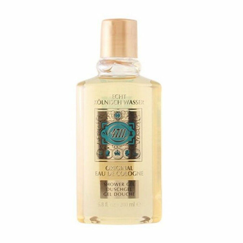 Transparente Flasche Duschgel. Aufschrift: Echt Kölnisch Wasser, Original Eau de Cologne, Shower Gel, Duschgel, Gel Douche.
