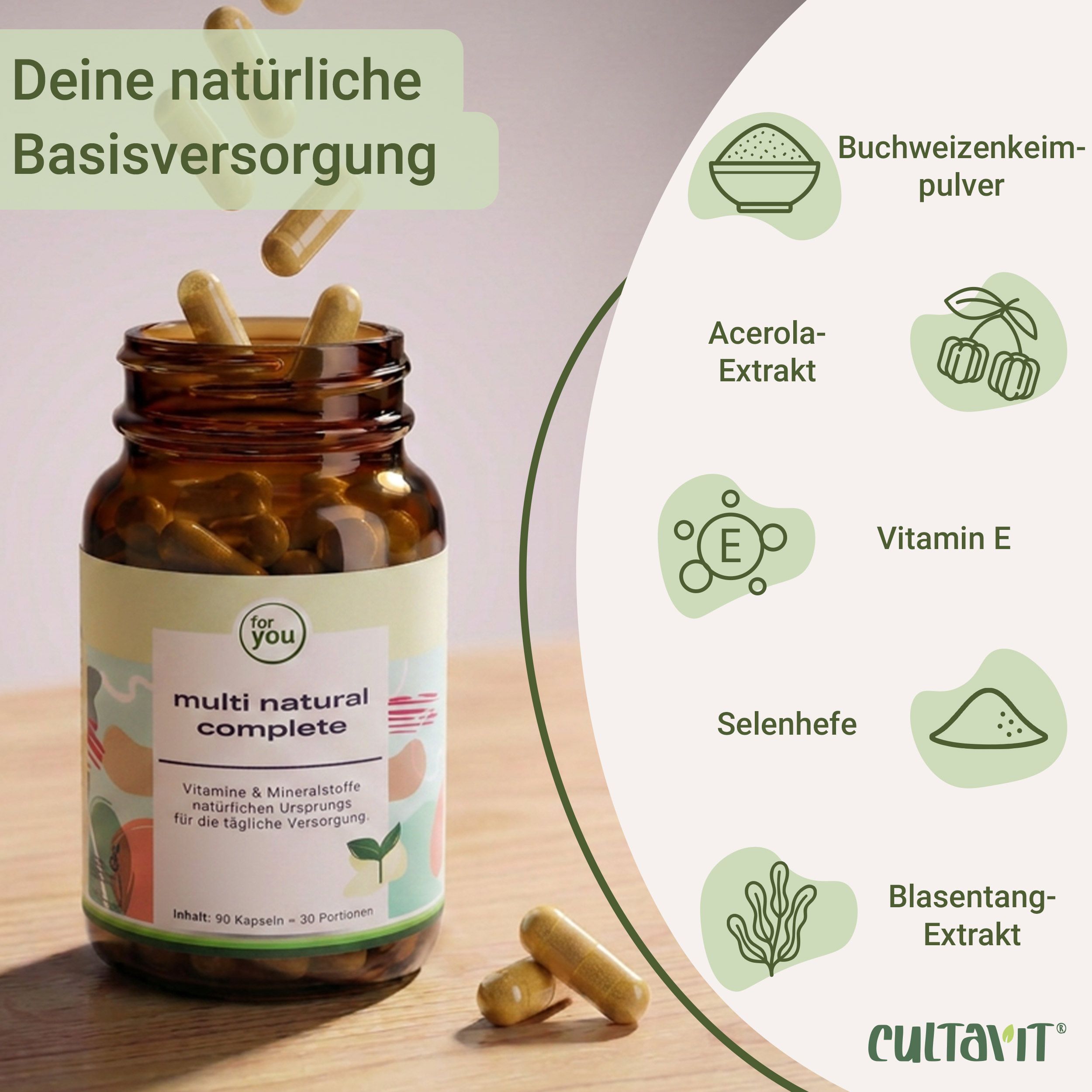 Flasche 'multi natural complete' mit herausfallenden Kapseln, Icons mit natürlichen Quellen wie Acerola.