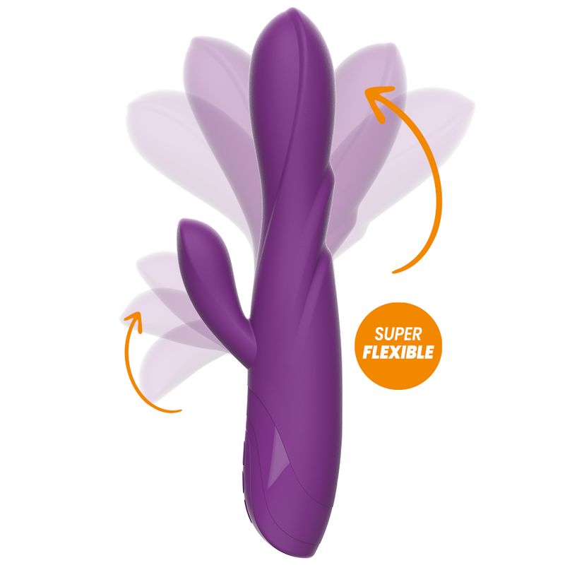 Lila Vibrator mit gebogener Form und seitlichem Element. Aufschrift "SUPER FLEXIBLE". Pfeile zeigen Flexibilität.