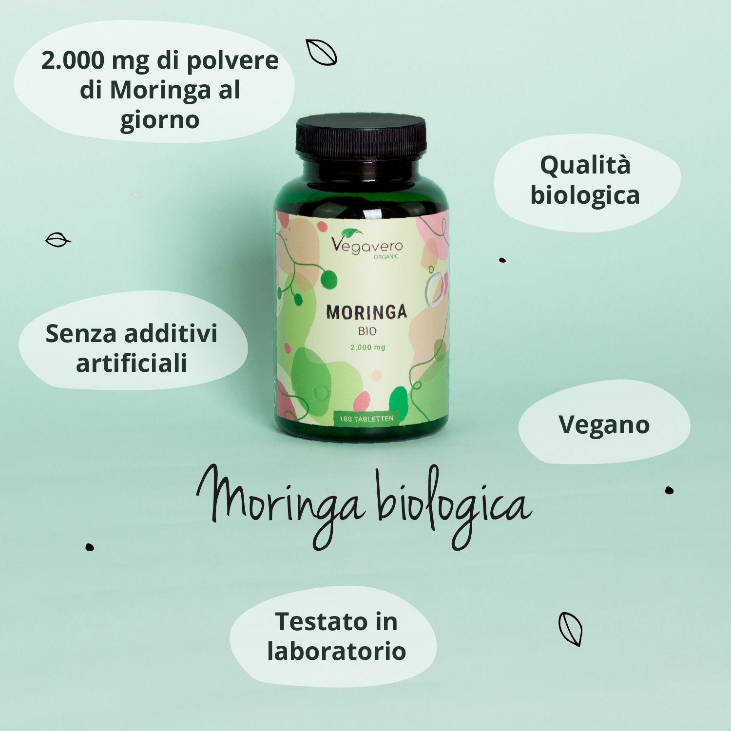 Flacone verde con Moringa BIO. Testo: 2.000 mg di polvere di Moringa al giorno. Vegano. Testato in laboratorio.