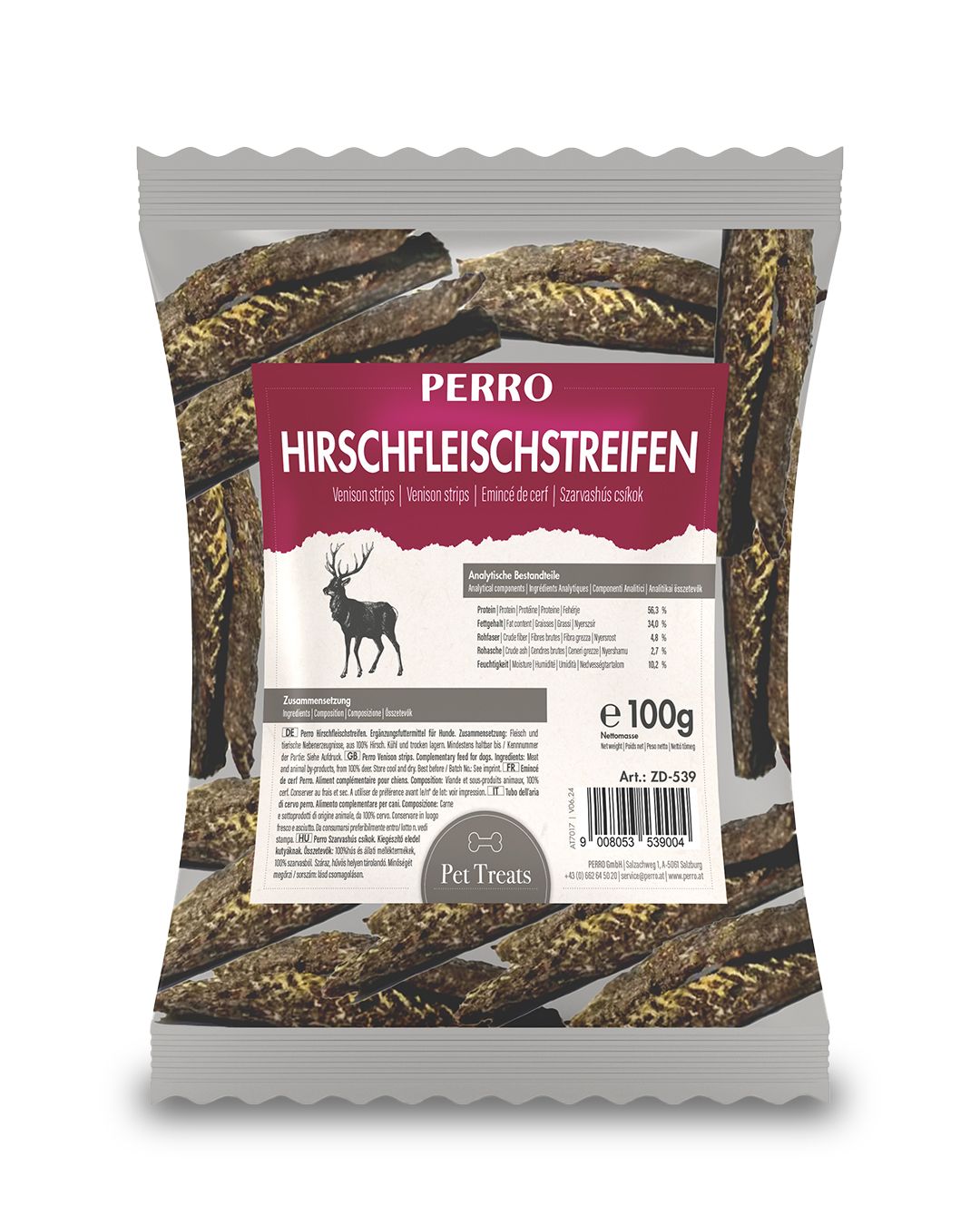 Verpackung mit Hirschfleischstreifen. Marke PERRO. Aufdruck: HIRSCHFLEISCHSTREIFEN, 100g. Enthält Informationen zu Inhaltsstoffen und Nährwerten.