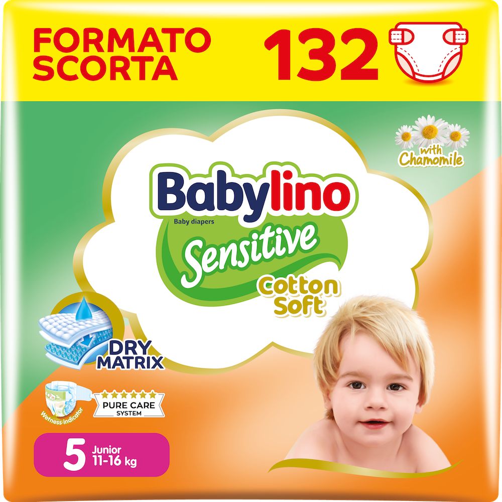 Babylino Sensitive Cotton Soft, Pannolini Taglia 5, Junior (11-16kg), 132 Unità