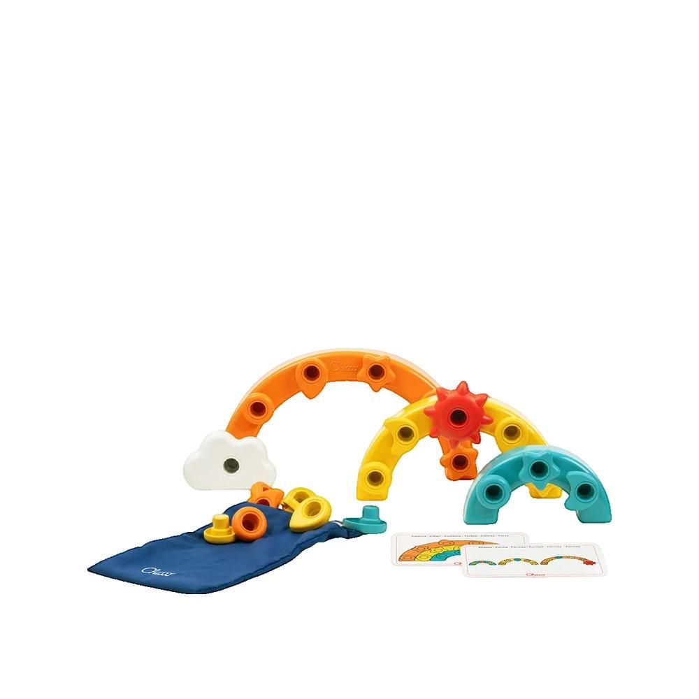 Set Regenbogen mit Regenbogen, Sonne, Wolke, gelben und blauen Bögen, Karten und blauer Tasche.