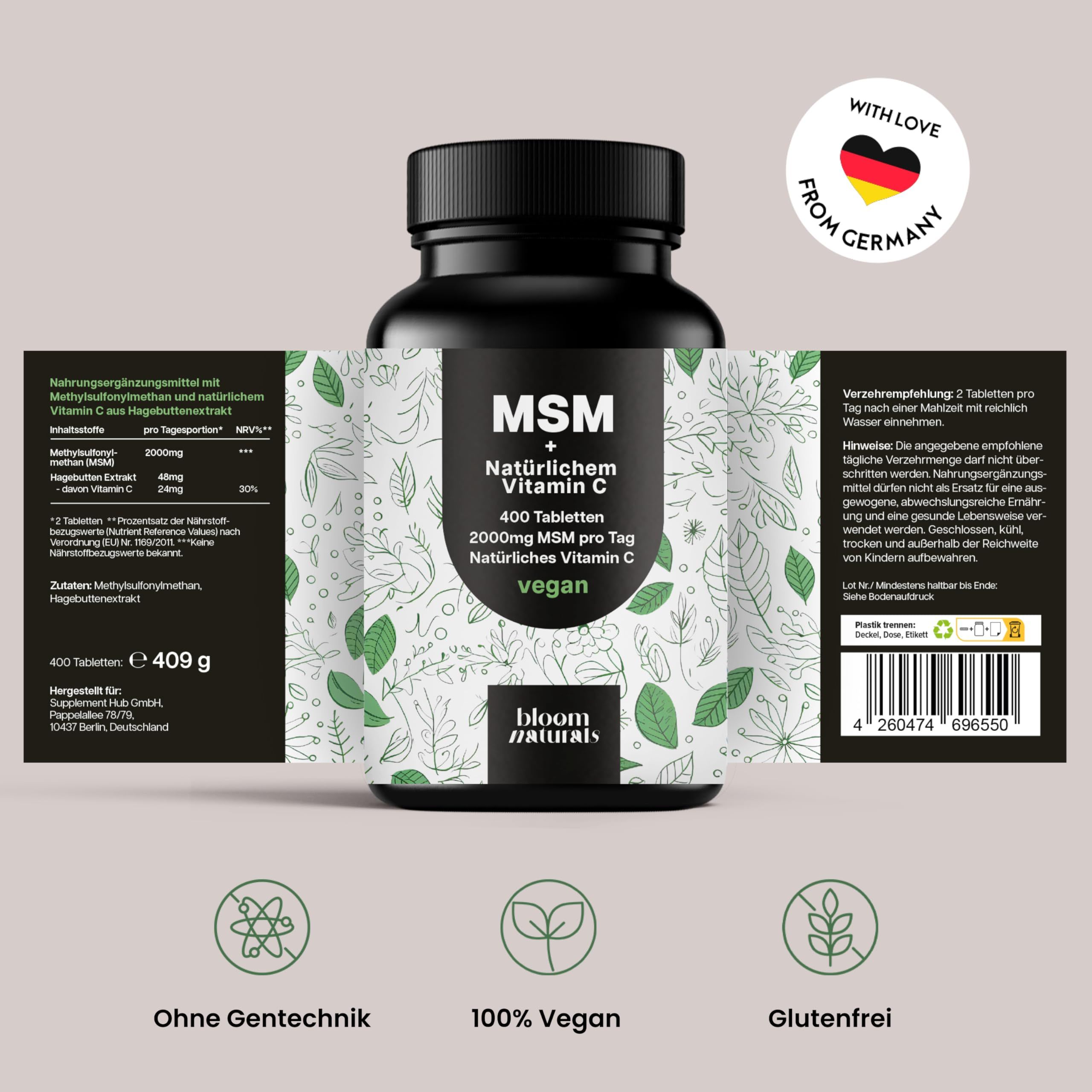 Bloom Naturals MSM + Vitamin C Flasche mit 400 Tabletten, 2000mg MSM pro Tag. Vegan, Glutenfrei, Ohne Gentechnik.