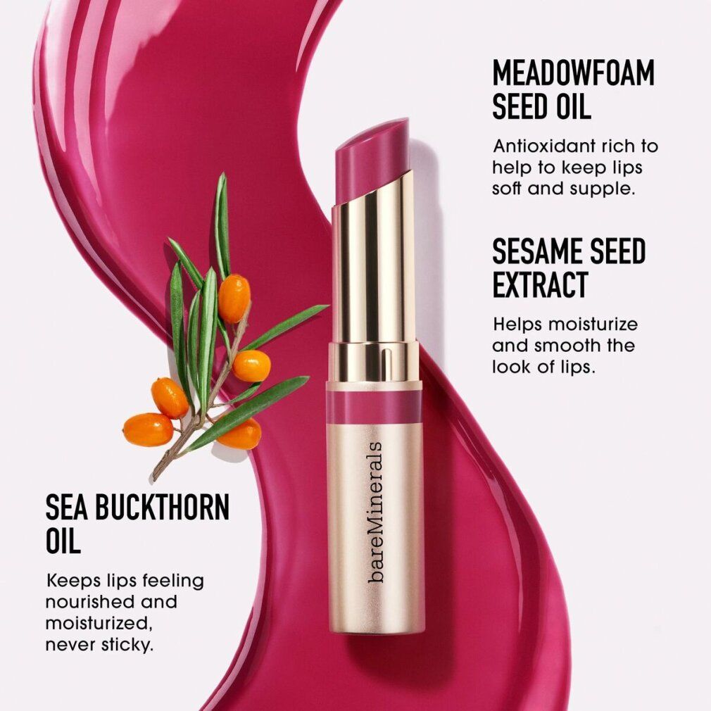 Lippenbalsam in goldfarbener Hülse, mit sichtbarer Lippenstiftspitze in Rosa. Text: Sea Buckthorn Oil, Meadowfoam Seed Oil, Sesame Seed Extract. Marke: bareMinerals.