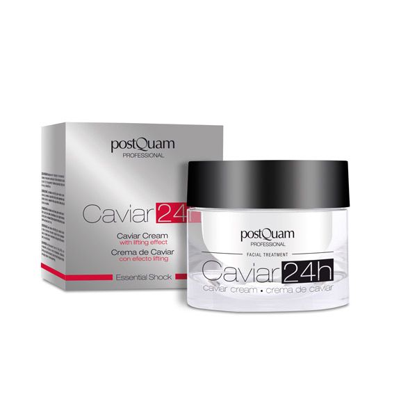 Creme-Glas mit schwarzem Deckel und Karton. Aufschrift: Caviar 24h, Caviar Cream, Postquam Professional.