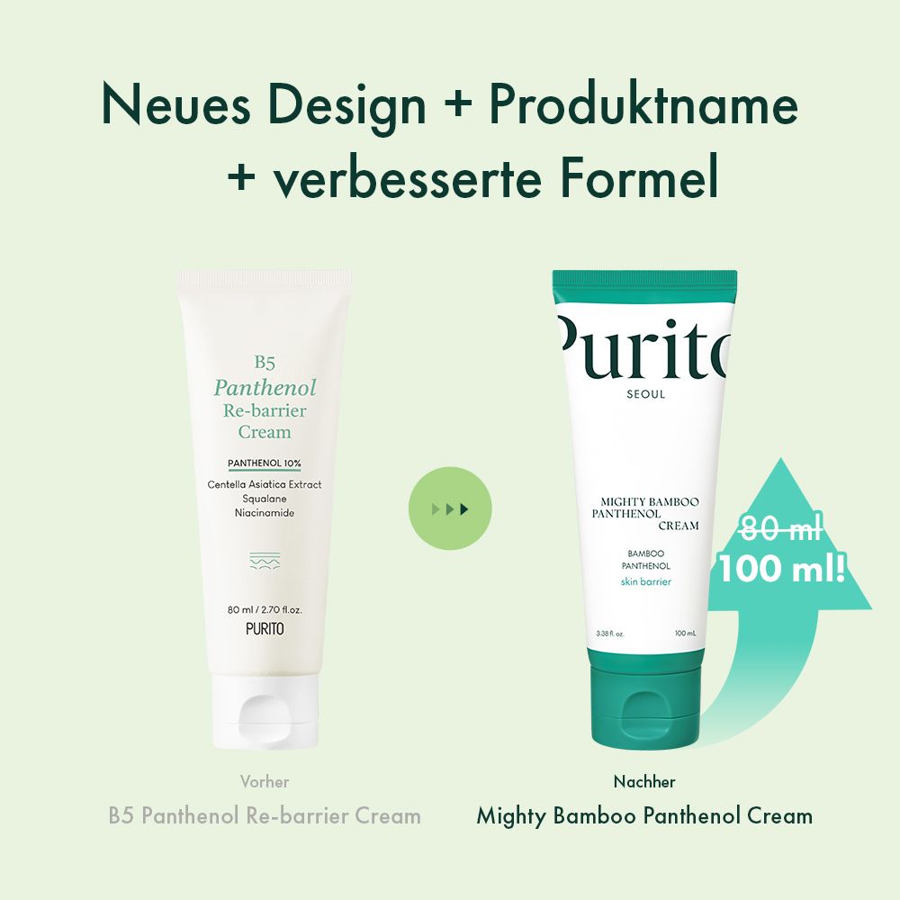 Vergleich von Purito B5 Panthenol Re-barrier Cream (alt) und Mighty Bamboo Panthenol Cream (neu).
