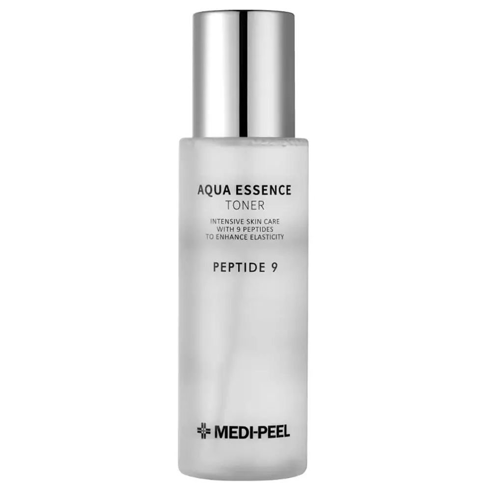 Medi-Peel Peptide 9 Aqua Essence Toner in mattierter Glasflasche mit silbernem Verschluss.